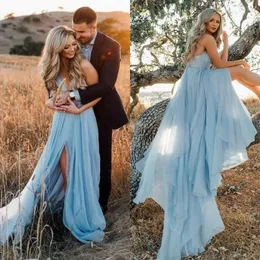 Sexy Engagement Party Dresses for Women Spaghetti Strap Backless High Slit A Line Court Train Sky Blue Tulle Boho Evening Dress 228F