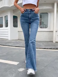 Benuynffy button mostro feminino hem flare jeans outono moda mulher calça jeans jean femme alta cintura