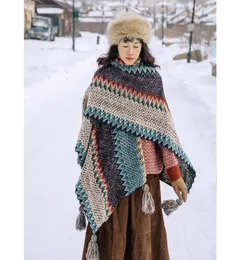 Halsdukar vintage boho mantlar kappor toppröda kvinnor hösten vinter blommor stickad poncho tofsels chic kappa outwearscarves5144459