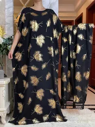 Etniska kläder 2024New Summer Abaya Dress Short Slve Cotton Loose Dress with Big Scarf Gold Stamping Floral Boubou Maxi Islam Women Clothing T240510