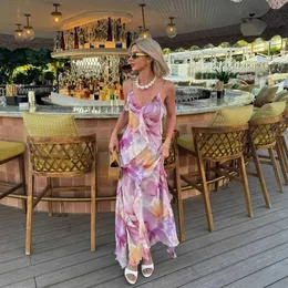 Grundläggande avslappnade klänningar 2024 Sommarkvinnor Ruffled tryck Lång klänning Pendant Backless Lace Atmosphere Pink Sweet Holiday Beach Vestibusl2405