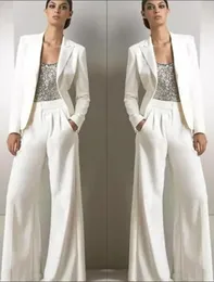 Vita långa ärmar sequined Formal Party Mother of the Bride Pant Suits With Jacket Three Pieces