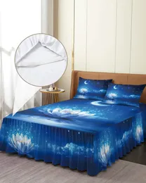 Sängkjol Blue Moonlight Lotus Moon Elastic Fitted Bed Stead med Pillow Cases Protector Madrass Cover Bedding Set Sheet