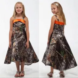 Новый Hi-Lo Camo Wedding Flower Girls Flaring Spaghetti Braps линия чайная платья для подружки невесты.