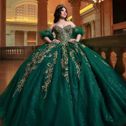 Emerald Green Princess Quinceanera Dresses Ball Gown Off The Shoulder Gold Appliques Lace Beads Sweet 16 Dresses 15 Anos Mexican