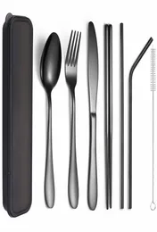 مجموعة أدوات المائدة السوداء مجموعة أدوات المائدة الفولاذ المقاوم للصدأ المحمولة مع مربع سفر النزهة عشاء مجموعة 7 قطع الأواني قابلة لإعادة الاستخدام ecofriable 25252929