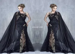 2020 Tony Chaaya Mermaid Veal Dresses Sexy Black Lace Deliques Prom Downs with Cape Inline Tulle Hoded Celebique F9277979