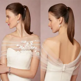 Neue billige einfache Braut Bolero Jacke wickelt weiße Elfenbein von Schulterspitzen Applikationen Tüll Illusion Button Rücken formelle Brauthülle plus 291K