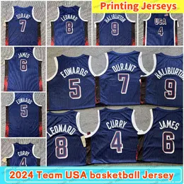 Paris 2024 ABD 6 James Stephen Curry 4 Tyrese Haliburton Kawhi Leonard Kevin Durant Anthony Edwards Rüya Takımı ABD Erkek Mavi Basketbol Formaları Baskı