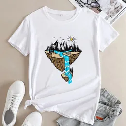 女性用Tシャツ屋外山地滝の上審美的な夏の湖の生活Tシャツ生意気な女性アドベンチャーキャンプTシャツのトップス