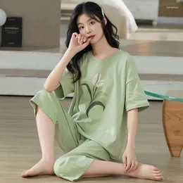 Home Clothing Spring Summer Women's Thin Pure Cotton Pajamas Round Neck Short Sleeve Pullover Capris Loose Set Sweet Sleepwear