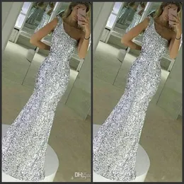 2021 Novo brilho Sparkle Bling Silver Prom Dresses LEECHINS Long sereia sem mangas um ombro no chão de noite vestidos de festa de noite A 267m