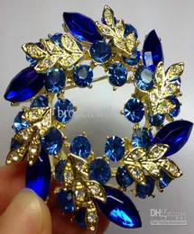 Altın Tonu Kraliyet Mavi Rhinestone Crystal Diamante Çelenk Çiçek Partisi Diamante Broş Pin8577346