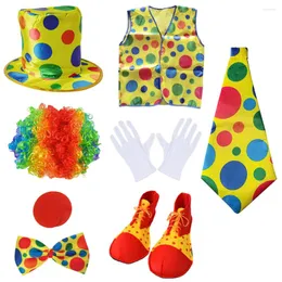 Partyzubehör Pesenar 8 PCs Clown Kostüm Set Zirkus rote Nasenschuhe Weste Hut Perücke Fliege und weiße Handschuhe Halloween Cosplay