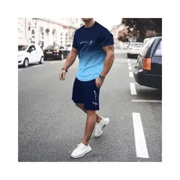 Lettera di colore gradiente da uomo estivo stampato per asciugatura rapida a maniche corta Tshirtshorts Set di fitness per abbigliamento sportivo 240430 240430