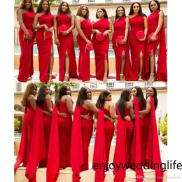 Arabische rote Meerjungfrau Brautjungfernkleider elegante Schulterseite Split Plus Size Wedding Guest Kleid Afrikanische Magd der Ehrenkleider 286l