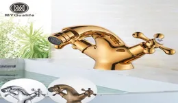 MYQualife Gold Bidet Basin Faucet Dual Handles Water Bathroom Sink Brass Single Hole Deck Mounted Water Mixer Tap13002373