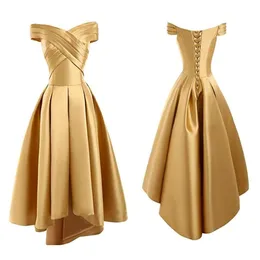 Sexy Gold Satin Off Spalla da ballo Abiti da festa corta Fronte Long Back Piatte Hi Lo Cocktail Dress Abito da sera eleganti Abendkle 257f