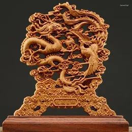 Dekorative Figuren 23 cm Thuja Holz Hollow Realth Carving Dragon Phoenix Skulptur Dekor Glücksgeschenk Home Skulpturen