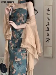 Vestidos casuais moda estilo chinês spaghetti strap floral maxi baile de baile com cardigã sexy roupas de férias para mulheres 2024 elegante