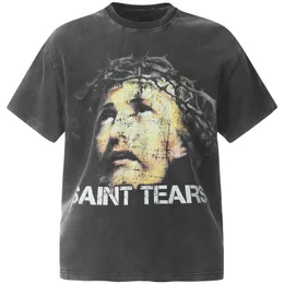 Вымытая черная портретная футболка мужчины женщины 1: 1 лучшая винтажная футболка с короткими рукавами Top