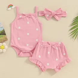 Ewodos Baby Girls 3pcs Sommer -Outfit ärmellose Bogen Strampler und Rüschen Shorts Stirnband Set geborene Kleidung für 018 Monate 240426