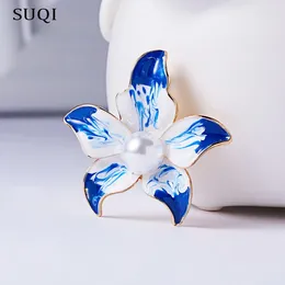 Brooches SUQI Vintage Personality Exquisite Orchid Brooch Imitation Pearl Flower Enamel Pin For Women's Jewelry Accessories 2024