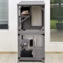 Transportadores de gatos Casa Casos de gaiola ao ar livre sobre rodas Catio de gatinho de madeira grande com caixa de repouso PVC Camada