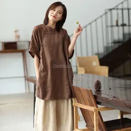 Ethnic Clothing 2024 Chinese Improved Cheongsam Dress Plate Button Shirt Top Zen Style Art Cotton Linen