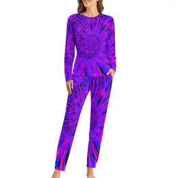 Women's Sleepwear Tie Dye Pajamas Female Purple And Blue Warm Spring 2 Pieces Room Oversize Set
