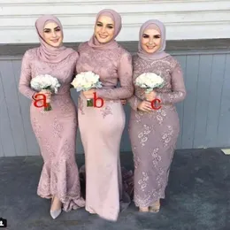 Muslim Satin Long Sleeve Lace Bridesmaid Dresses With Hijab Applique Sheath Wedding Guests dama de honra adulto Maid Of Honor Dresses B 260W