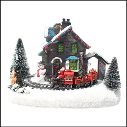 장식적인 물건 인형 인형 홈 악센트 장식 정원 크리스마스 마을 LED 조명 작은 기차 집 빛나는 풍경 수지 des7693226