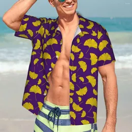 القمصان غير الرسمية للرجال قميص الصيف شاطئ Ginkgo Biloba طباعة بلوزات صفراء وأرجواني الأنيقة على رأس الشارع القصير بأكمام قصيرة