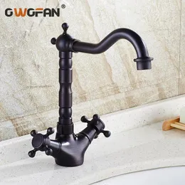 Bathroom Sink Faucets Retro Black Basin Brass Dual Cross Handle Tall Swivel Spout Washbasin Vanity Mixer Taps 6711R