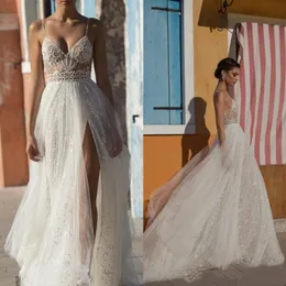 Gali Karten Long Dress Beach Wedding Suknie Side Spad Spaghetti Illusion Sexy Boho Sweep Train Pearls Backless Bohemian Bride sukienki 284D