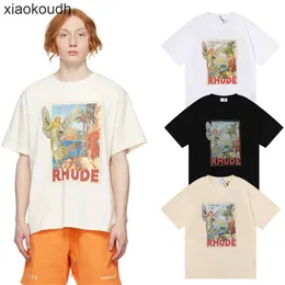 Rhude High End Designer Tişörtleri Yaz Modası Yüksek Tanımlama Mektubu Baskı Tasarımı Büyük Kısa Kollu Tişört 1: 1 Orijinal Etiketli Erkekler ve Kadınlar İçin