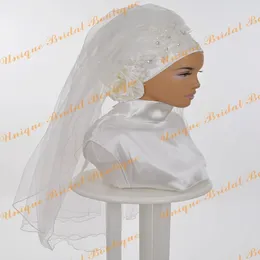 Saudi Arabia Bridal Veils 2019 med handblommor och Cut Edge Real Photos Applices Tulle Romantic Muslim Wedding Hijab for Islamic WOM 271L