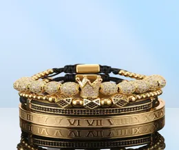 4pcsset Gold Hip Hop Hand Made Bead Armband Men Copper Pave Cz Zircon Crown Roman sifferskälmar Bangles smycken2718496