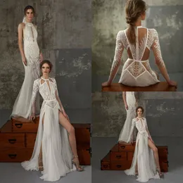 Lior Charchy Bohémien Abiti da sposa Appliques Leci Side perle splitte abito da sposa in spiaggia una linea a maniche lunghe Robe de Mariee Boho Style 213e