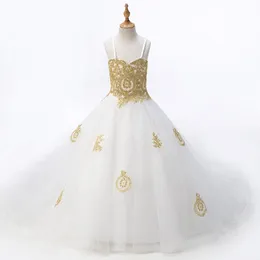 2022 Mode weiß mit goldenen Spitzen Blumen Mädchen Kleider Prinzessin Designer für Hochzeit Kinder Mädchen Tüll mit Spaghetti -Trägern Chea 240s gerühmt
