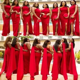 2020 Ucuz Arapça Kırmızı Denizkızı Nedime Elbiseleri Bir Omuz Yan Bölünmüş Kat Uzunluğu Uzun Düğün Konuk Elbisesi Resmi Hizmetçi Onur Gow 267G
