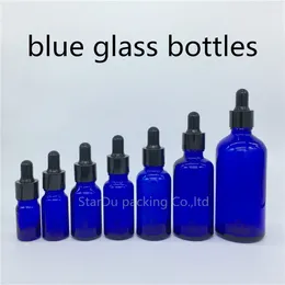 Speicherflaschen 5ml 10 ml 15ml 20ml 30 ml 50 ml 100 ml Blaue Glasflasche mit schwarzem Tropfenöl Parfüm 200pcs