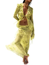Y2K Women Sheer Mesh Fairy Grunge wiązaj ruffle v szyi sukienki plażowe estetyczne 2 -częściowy zestaw spódnicy letni 240429