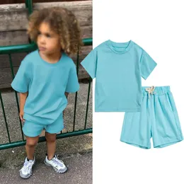 Kinder Sommersets Kleinkindjunge Mädchen Solid Sports T-Shirts und Shorts 2pcs Set Kids Casual Tracksuits Anzüge 0-6y 240511