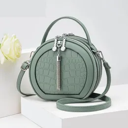 Shoulder Bags 2024 Green Color Circular Tassen Dames Tassel PU Leather Mini Bag Femme Retro Tote Fashion Crossbody Woman