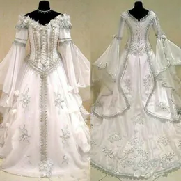 2020 Vestidos de noiva medieval Witch Celtic Tudor Renaissance traje vitoriano gótico fora do ombro de manga longa vestidos de noiva 231s