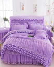 Pembe Bej Mor Dantel Prenses Yatak Seti Kral Kraliçe Boyut 4pcs Ruffles Yatak Yatak Etek Düğün Yorgan Yatak Sheetlinen P8716119