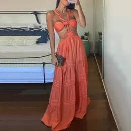 Ellafads Bayan Uzun Elbise Yaz Moda Seksi Omuz Kayışı Kolsuz İçi Boş Kat Katı Plaj Partisi Elbise 240426