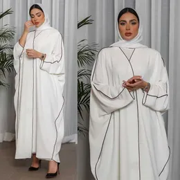 Ethnic Clothing Modest Kimono Abaya White Middle Eastern Muslim Dubai Cardigan Robe for Women Contrast Patchwork Trim Islamic Clothing Eid New T240510