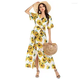 Parti Elbiseleri Kadın Maksi Elbise 19 Renk Yaz Sonbahar Uzun Baskı Çiçek Boho Sarı Sarı Bohem Şık Seksi Plaj YY-0491